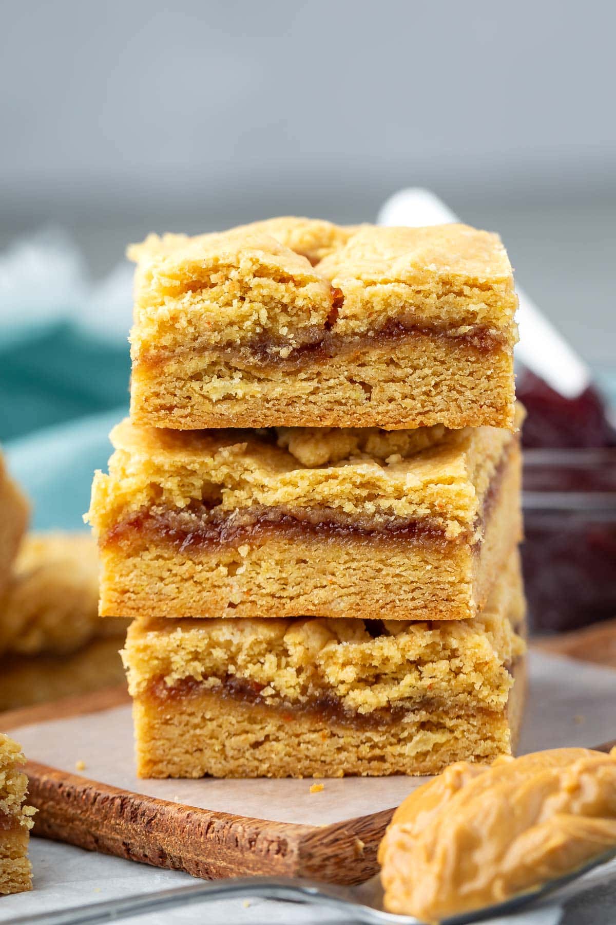 stacked bars with peanut butter and jelly layered.