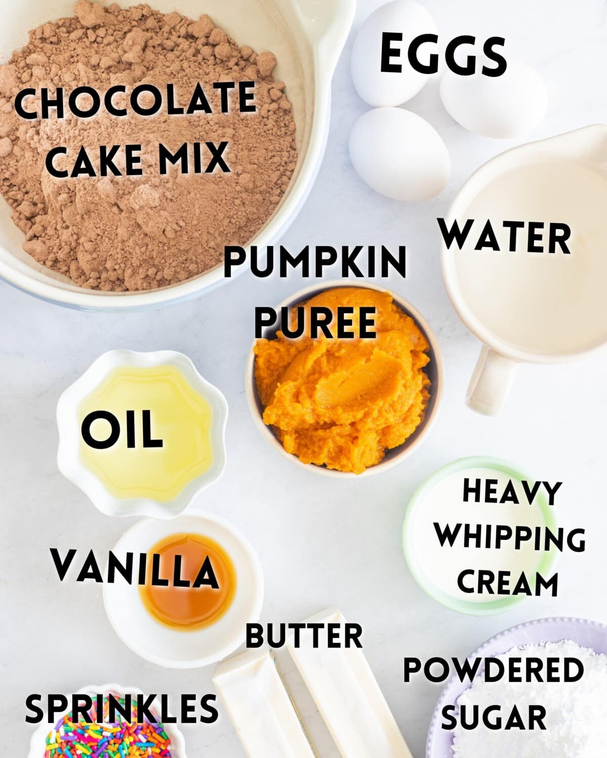 ingredients in pumpkin chocolate cupcakes.