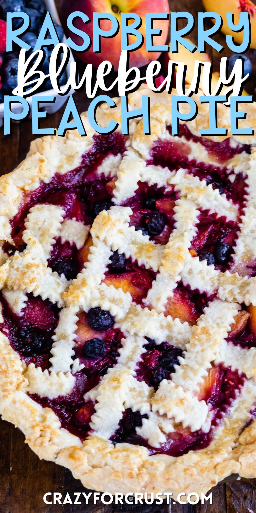 berry pie with decorative pie crust on top surrounded by slice fruit with words on the image.