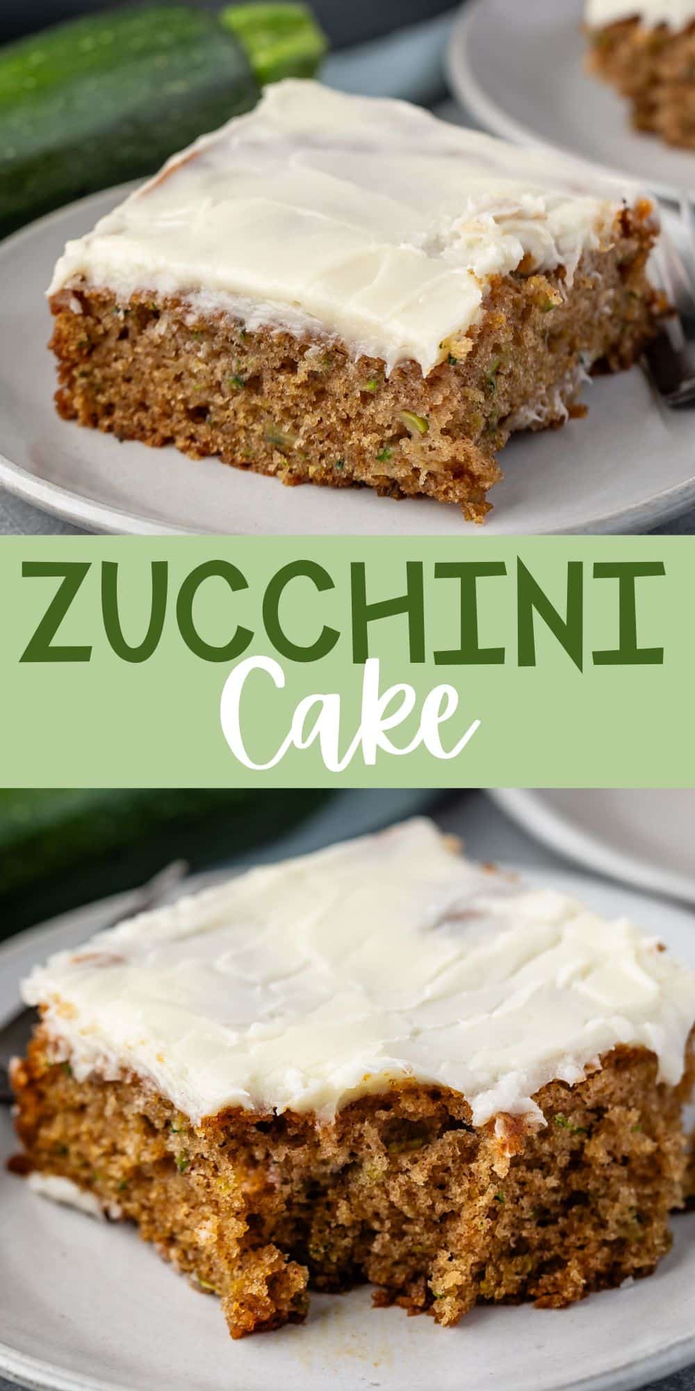 two photos of square slice of zucchini cake on a grey plate next to a fork with words on the image.