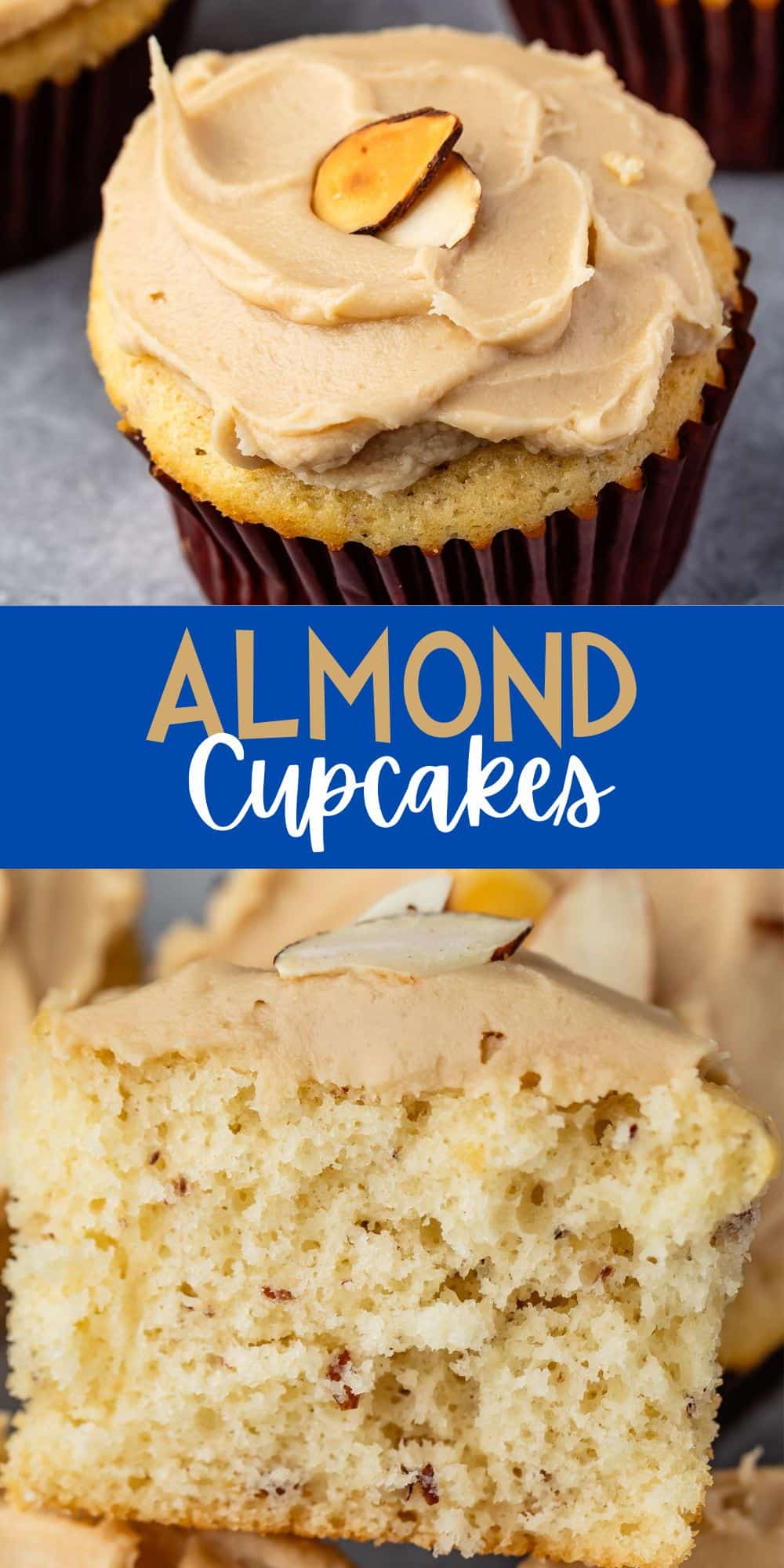 two photos of almond cupcake with brown frosting with an almond slice on top with words on the image.