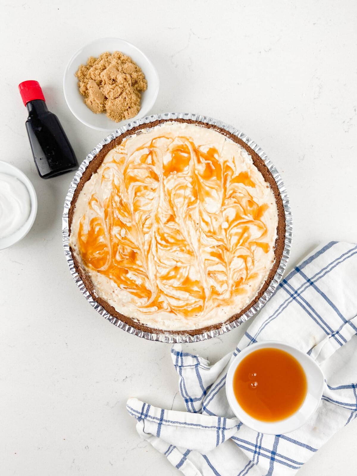 pie with caramel swirled on top.