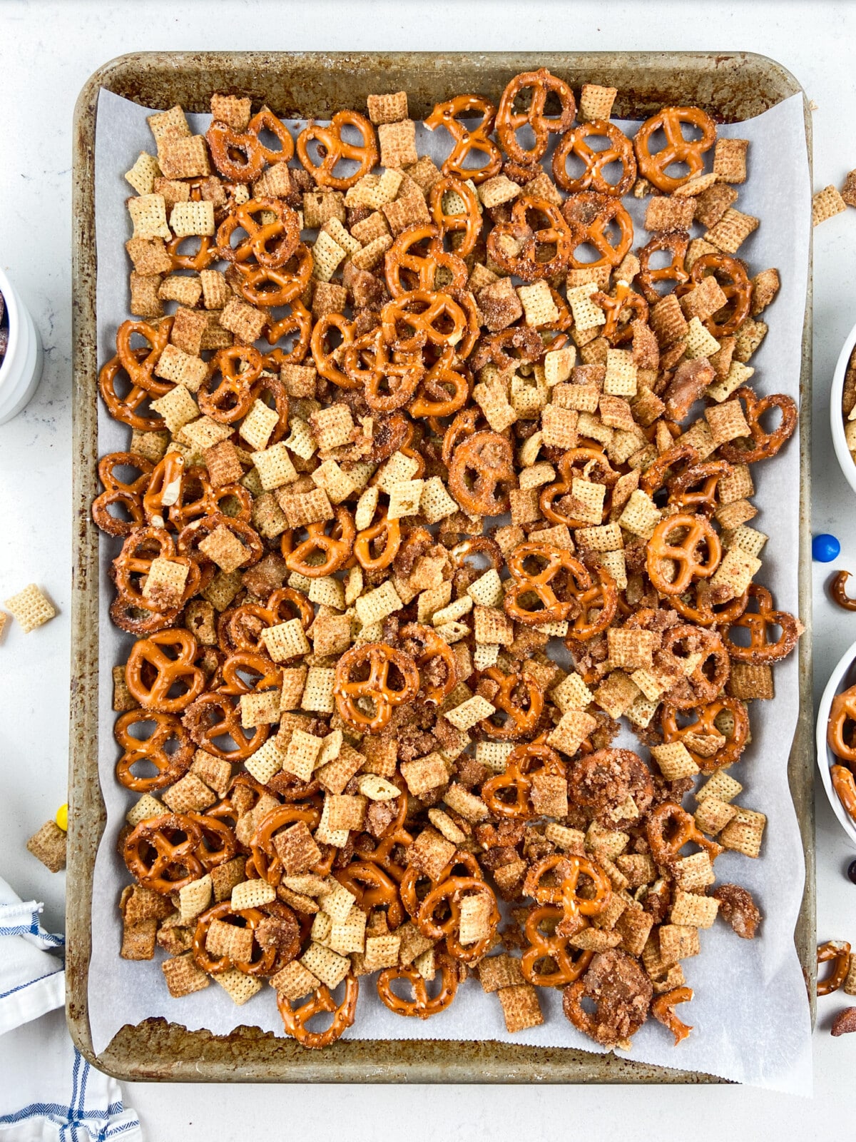 Tray of snack mix on cookie sheet.