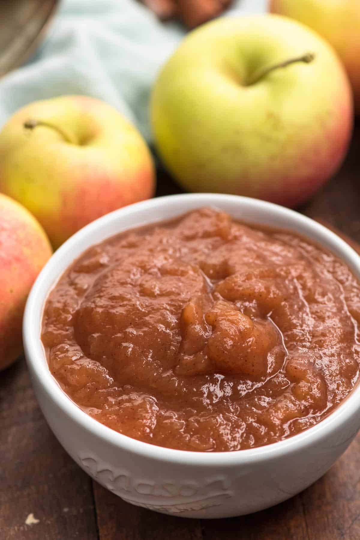 crockpot applesauce in a white bowl.