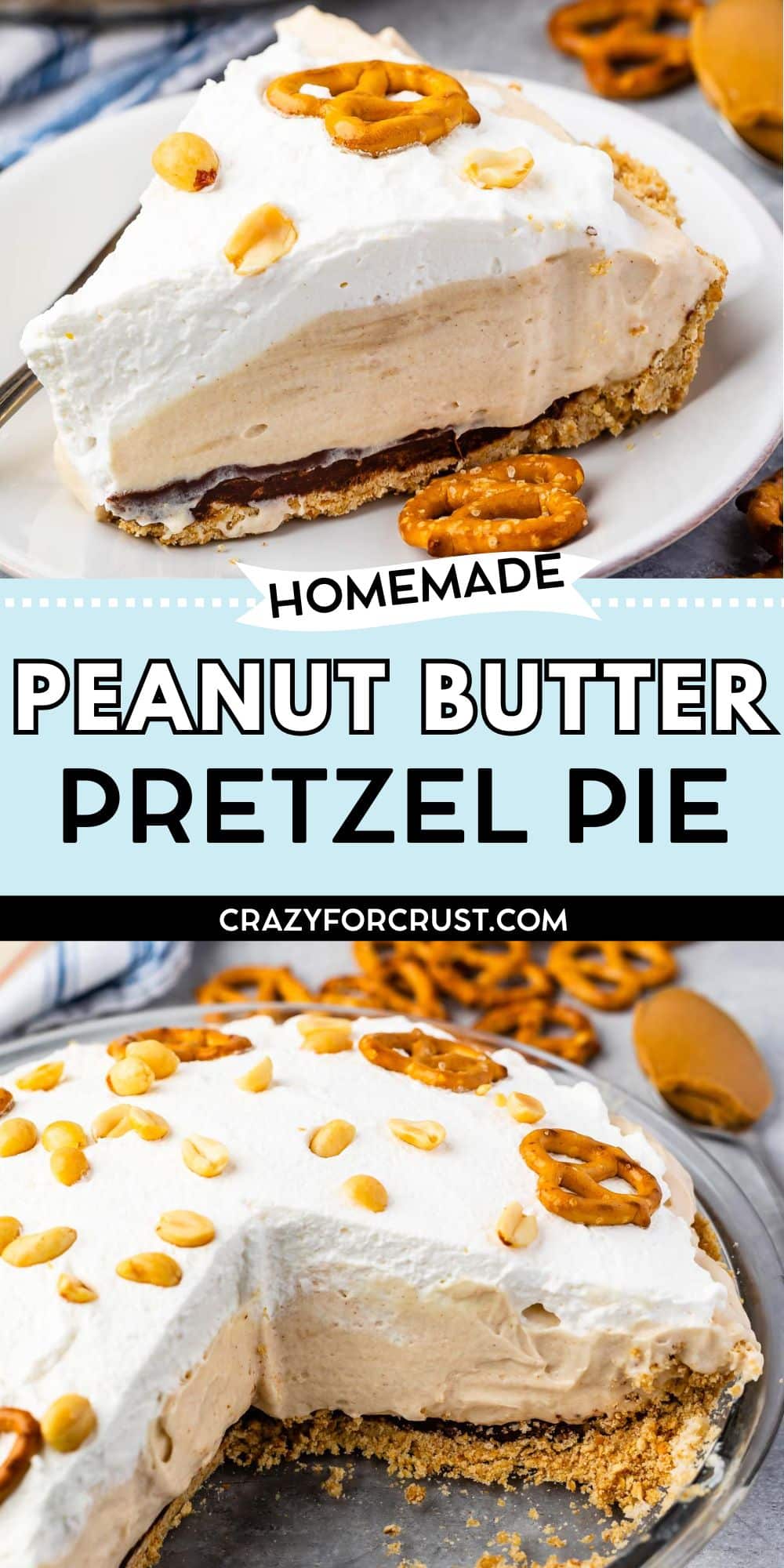 A slice of homemade peanut butter pie topped with pretzels sits on a plate, while the remaining pie, garnished with peanuts and pretzels, is in a glass dish nearby. Text reads Homemade Peanut Butter Pretzel Pie.