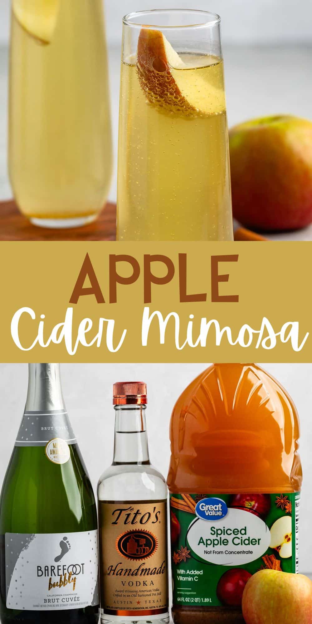 two photos of yellow drink in a tall clear glass with an apple slice in the glass with words on the image.