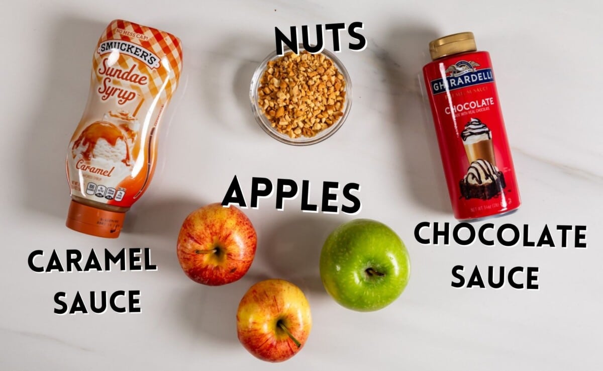 ingredients in apple nachos on a marble counter.