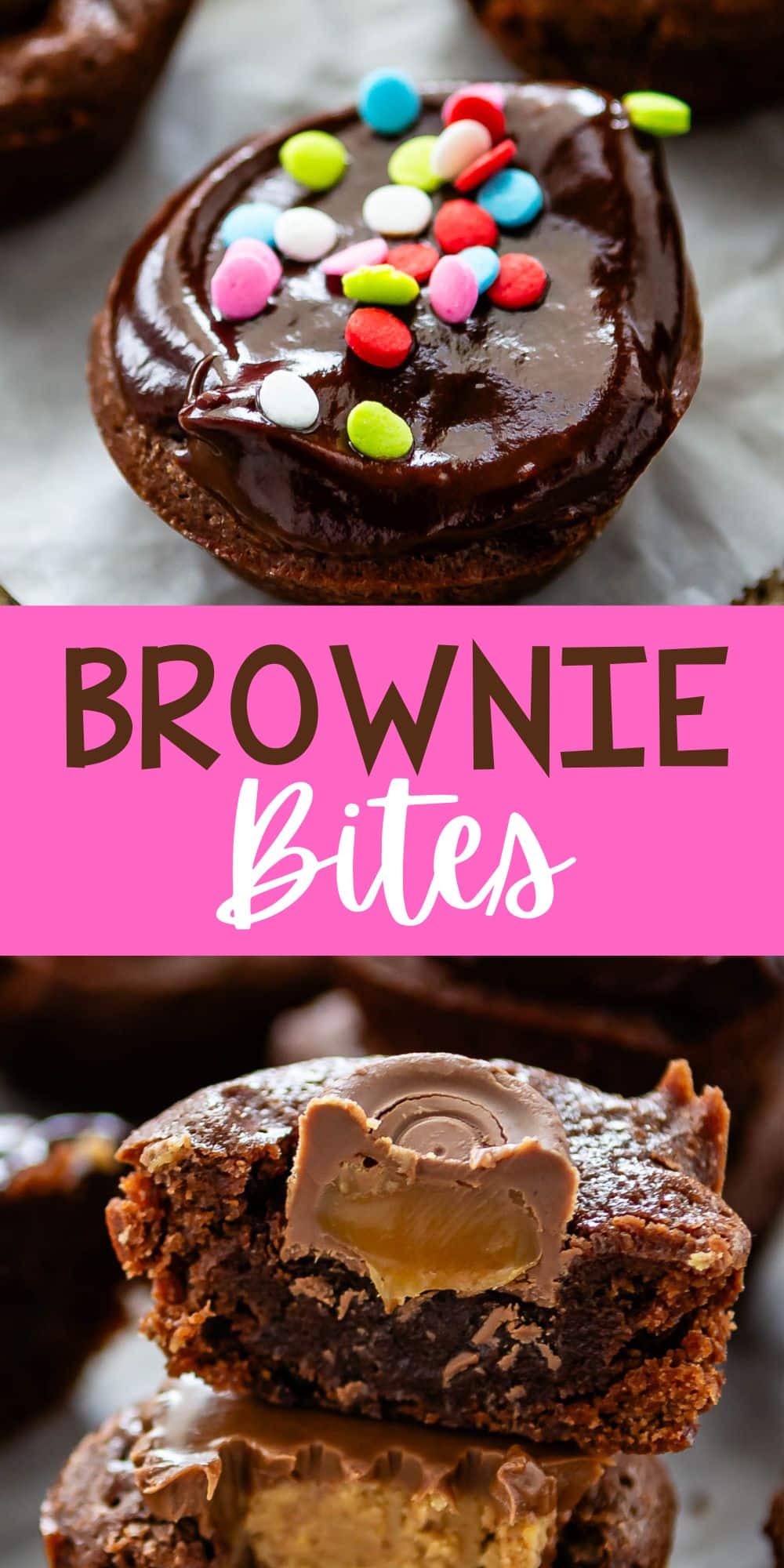 two photos of brownies bites in different styles with words on the image.