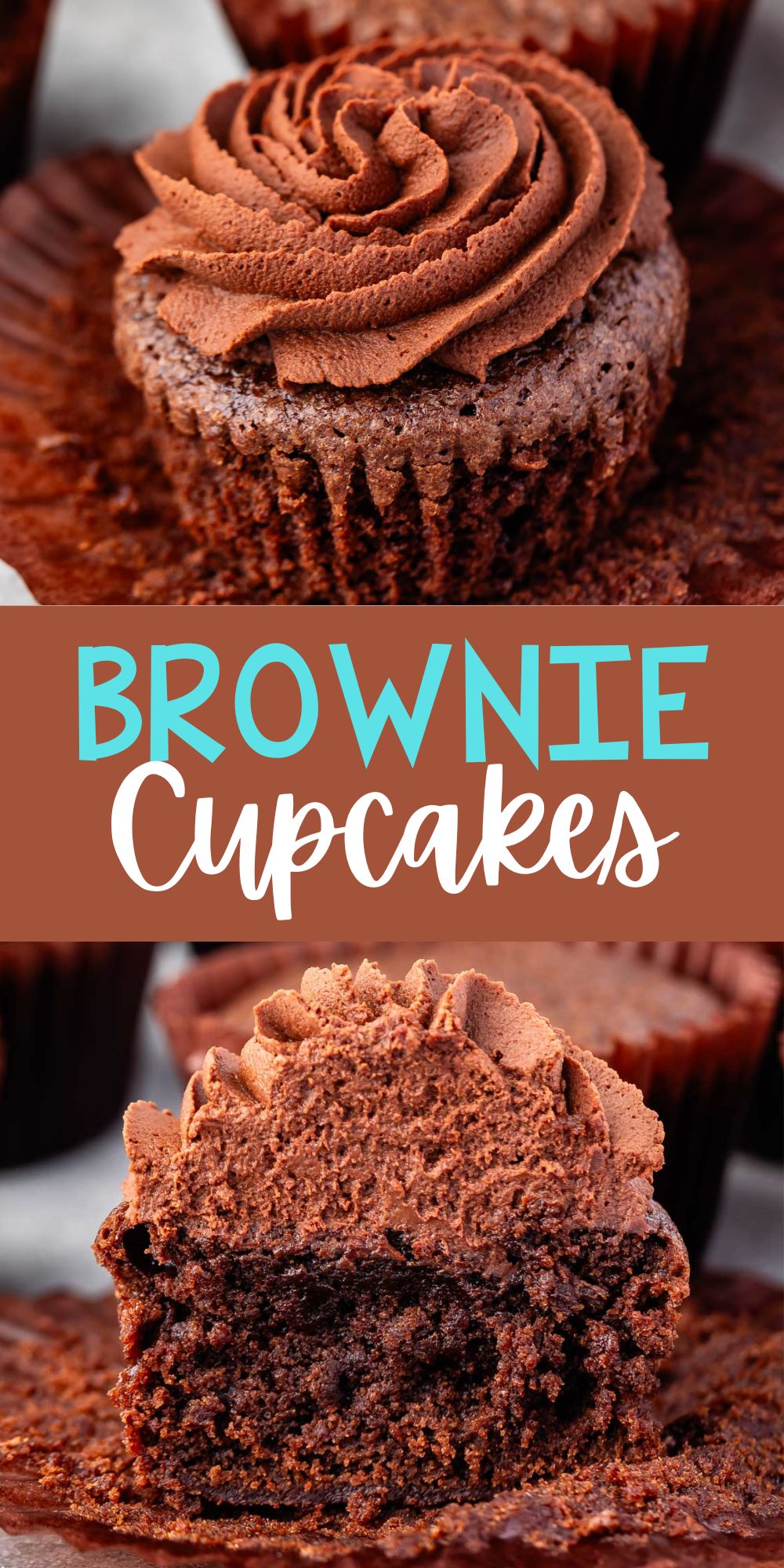 two photos of brownie cupcake with brown frosting with words on the image.