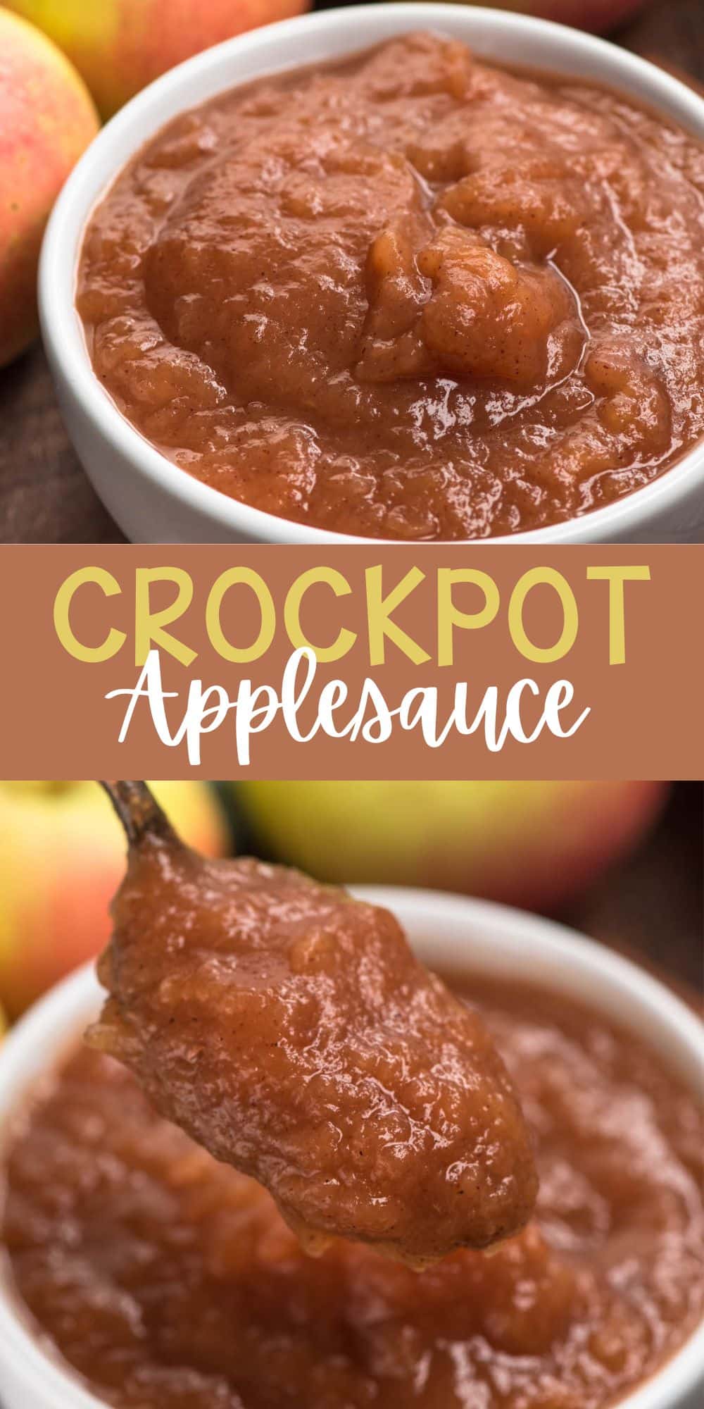 crockpot applesauce in a white bowl with words on the image.