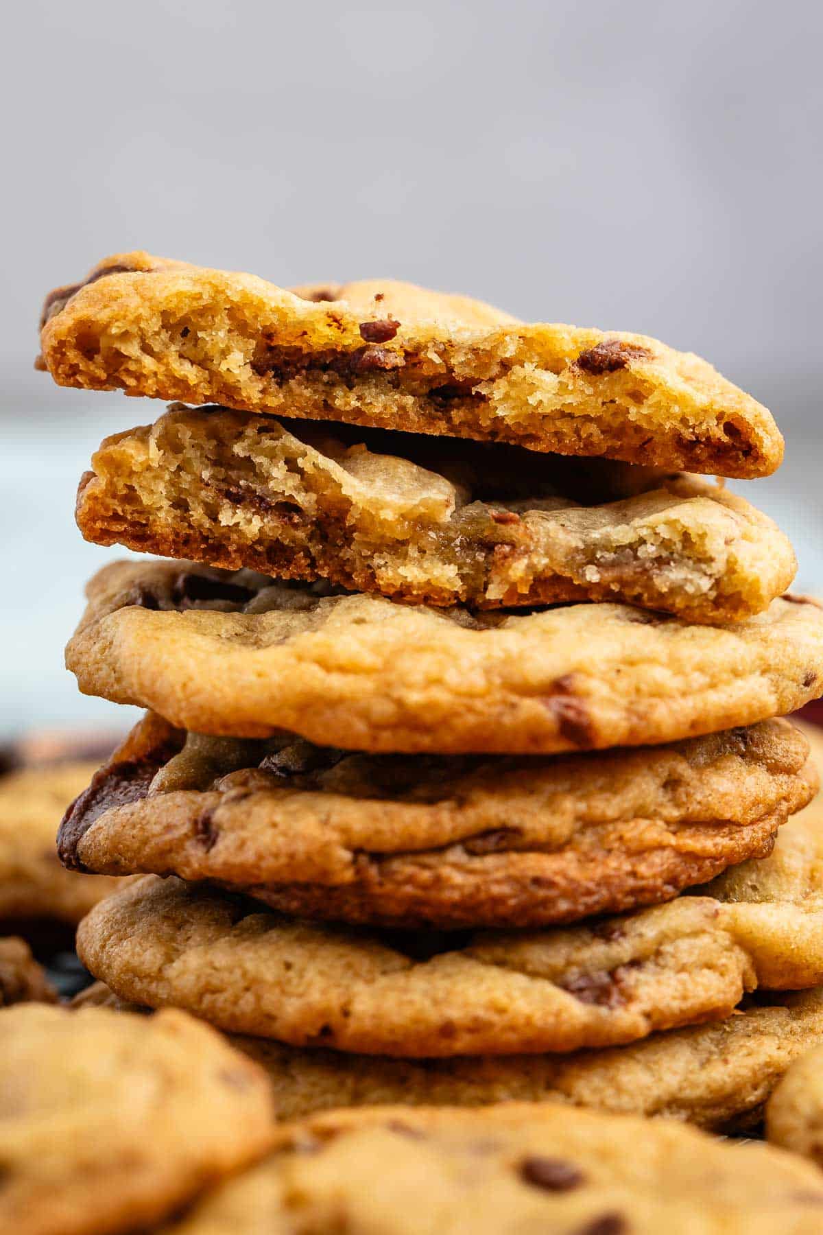 stacked cookies with heath bars baked in and around the cookies.