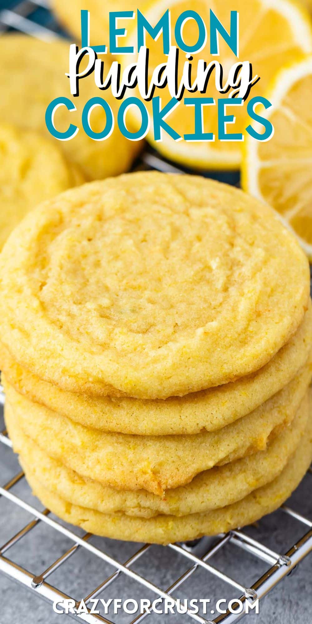 stacked lemon cookies with sliced lemons in the background with words on the image.