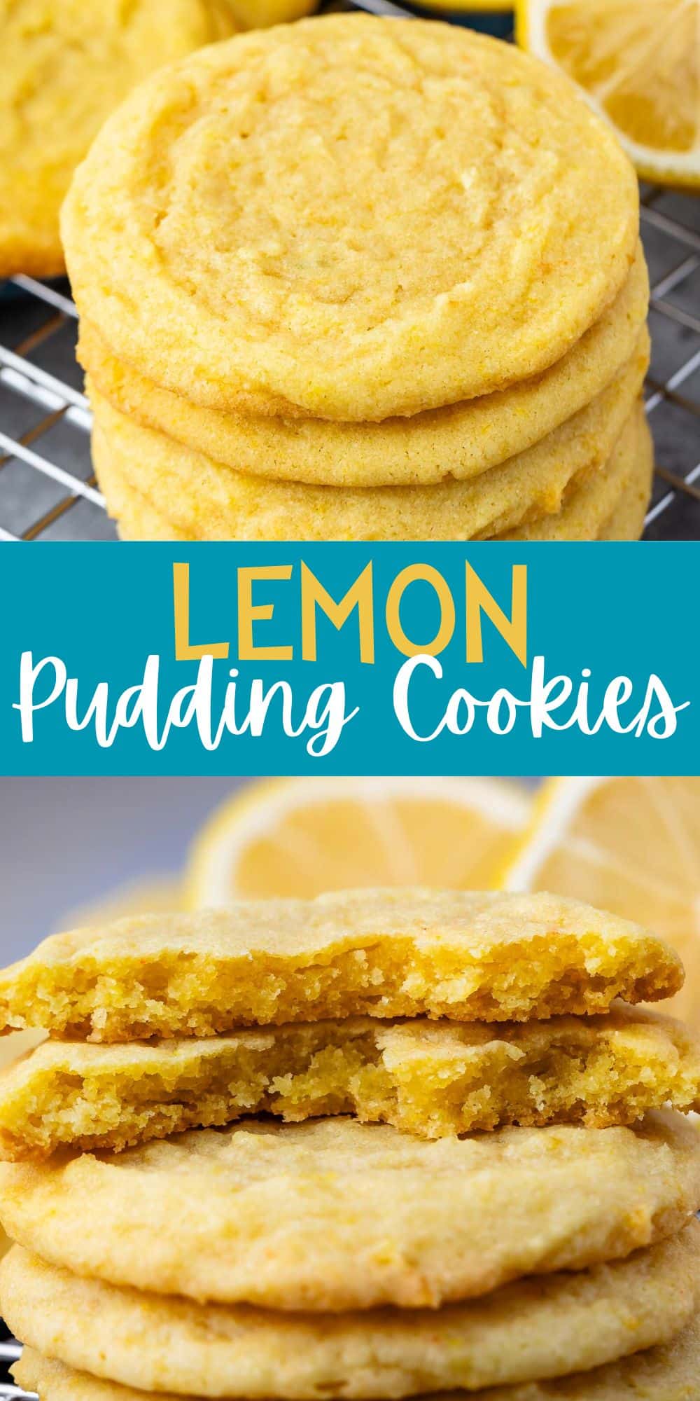 two photos of stacked lemon cookies with sliced lemons in the background with words on the image.