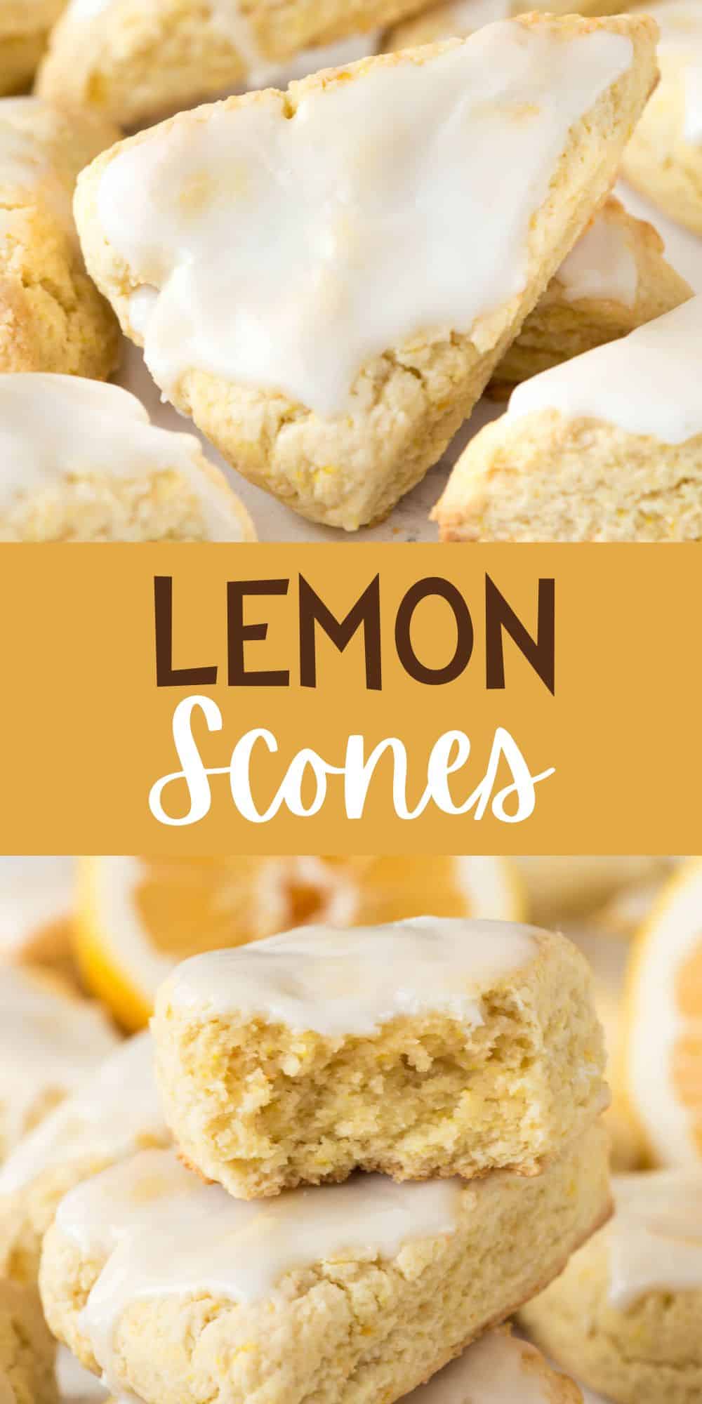 two photos of stacked lemon scones with vanilla icing on top with words on the image.