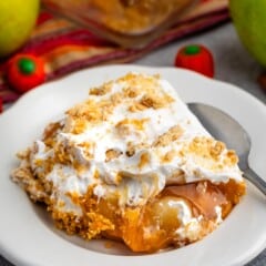 dessert with white cream and graham cracker crumbs on top in a white bowl.