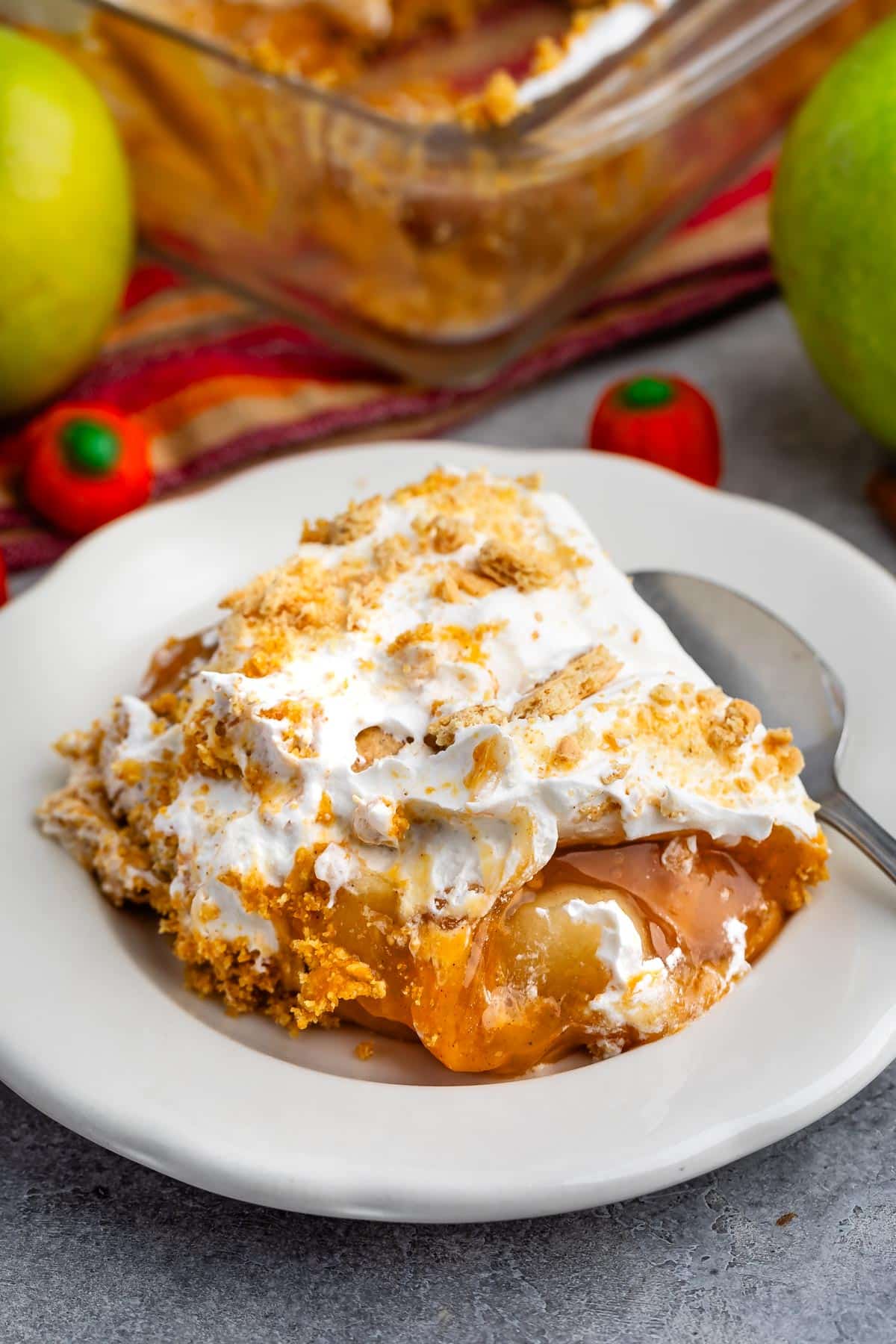 dessert with white cream and graham cracker crumbs on top in a white bowl.