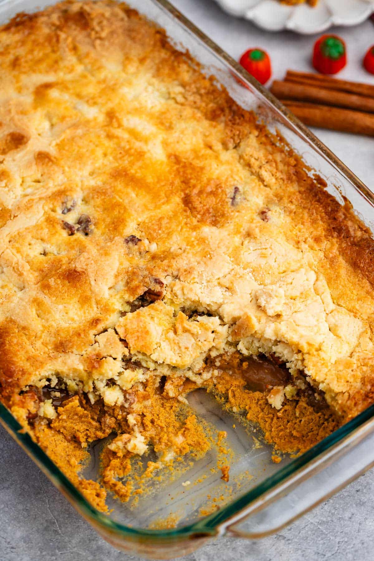 dump cake in a clear rectangle pan.