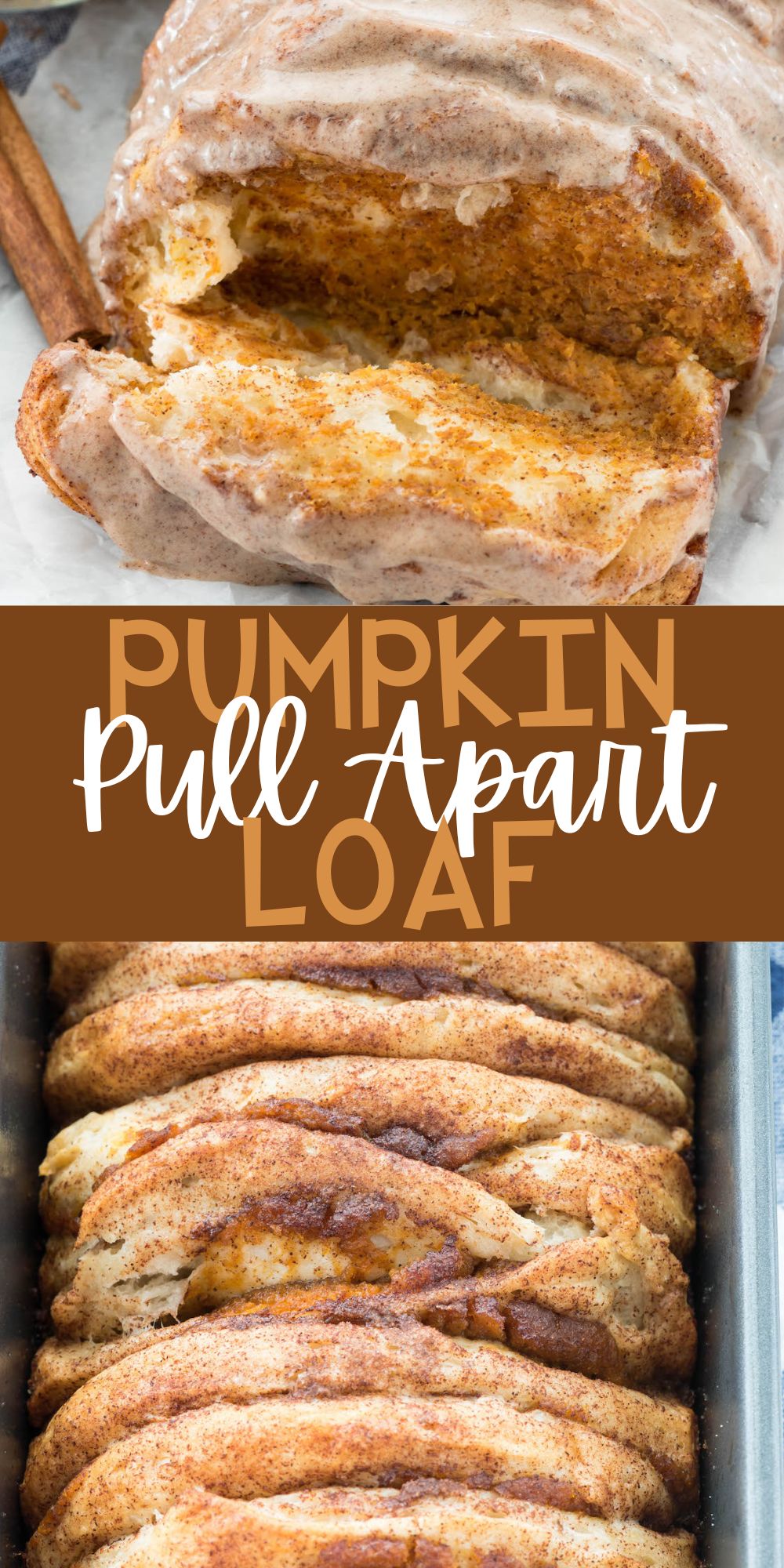two photos of pumpkin pull apart loaf that sliced in front with words on the image.
