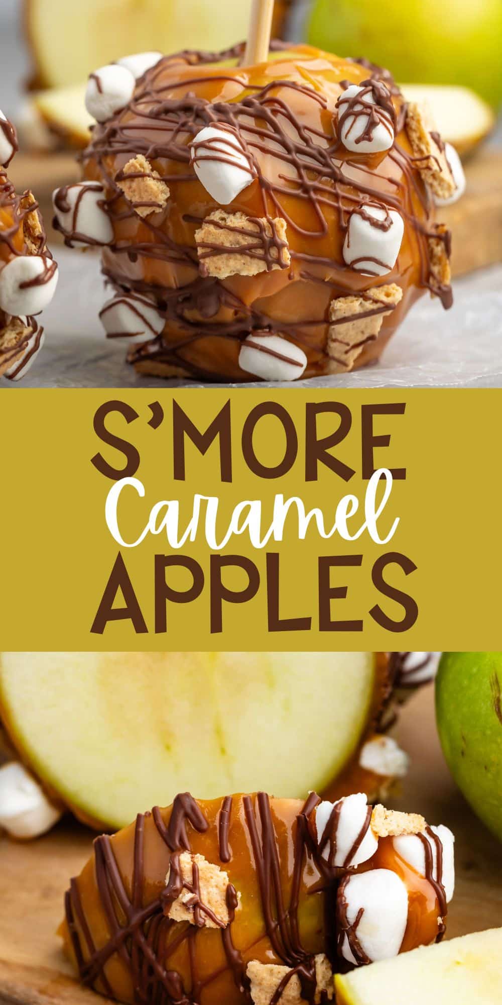 two photos of green apple dipped in caramel and chocolate with marshmallows and graham cracker stuck to side with words on the side.