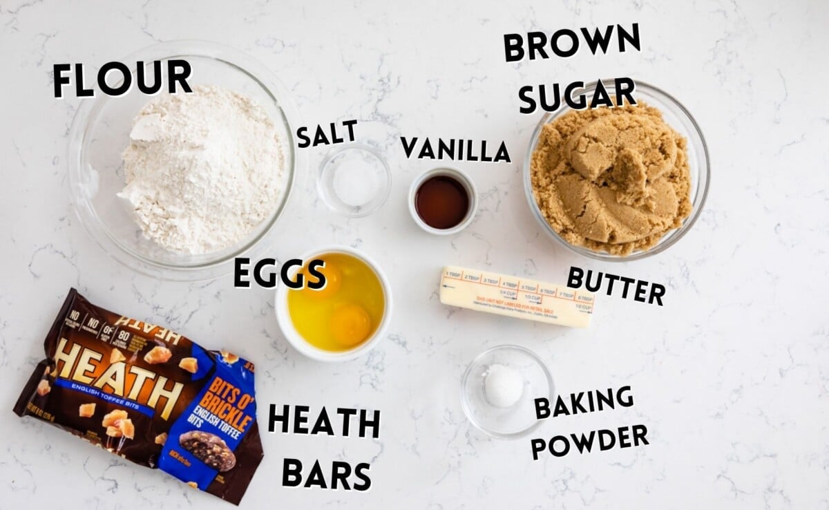 ingredients in toffee blondies laid on a marble counter.