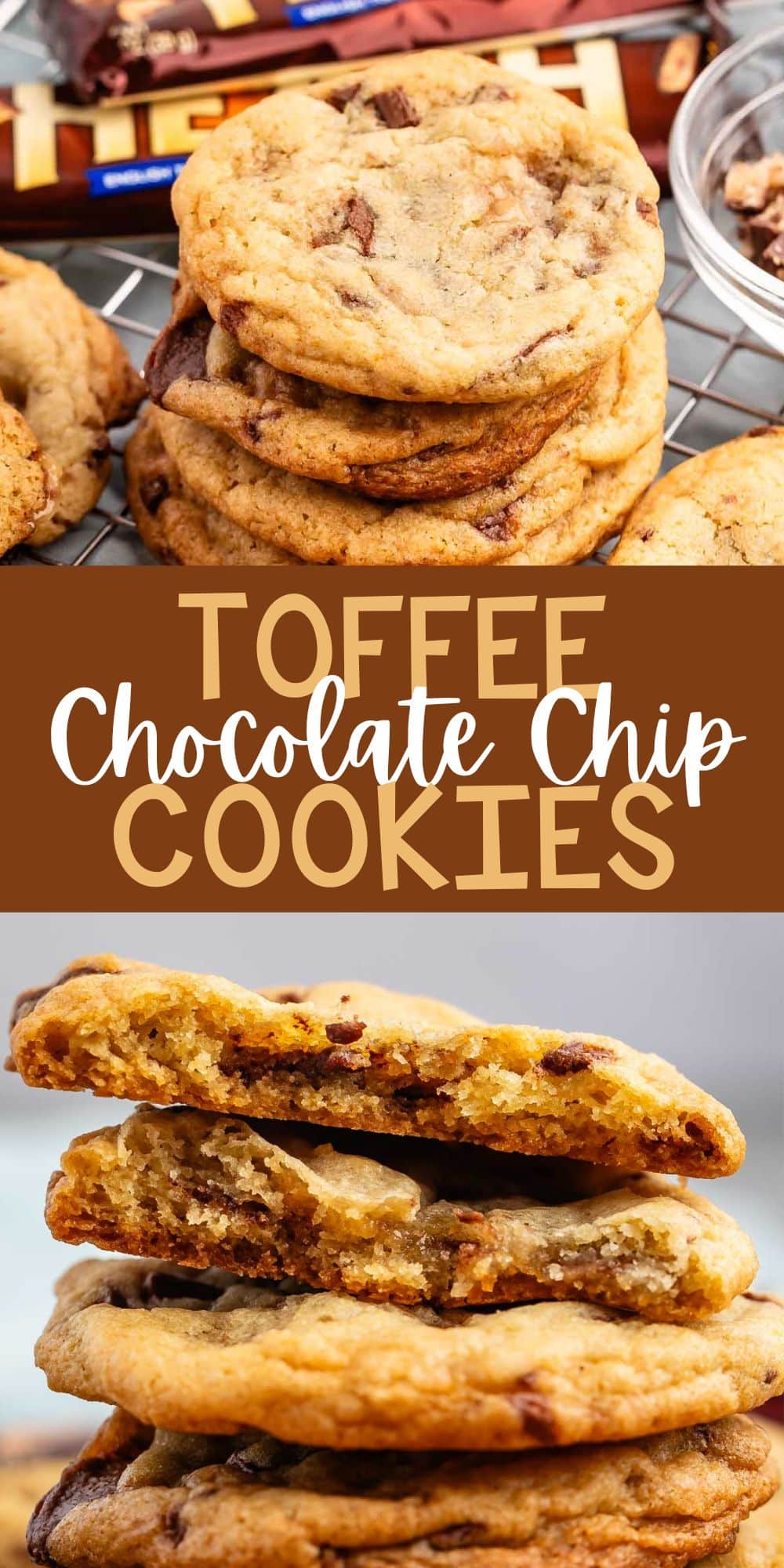 two photos of stacked cookies with heath bars baked in and around the cookies with words on the image.