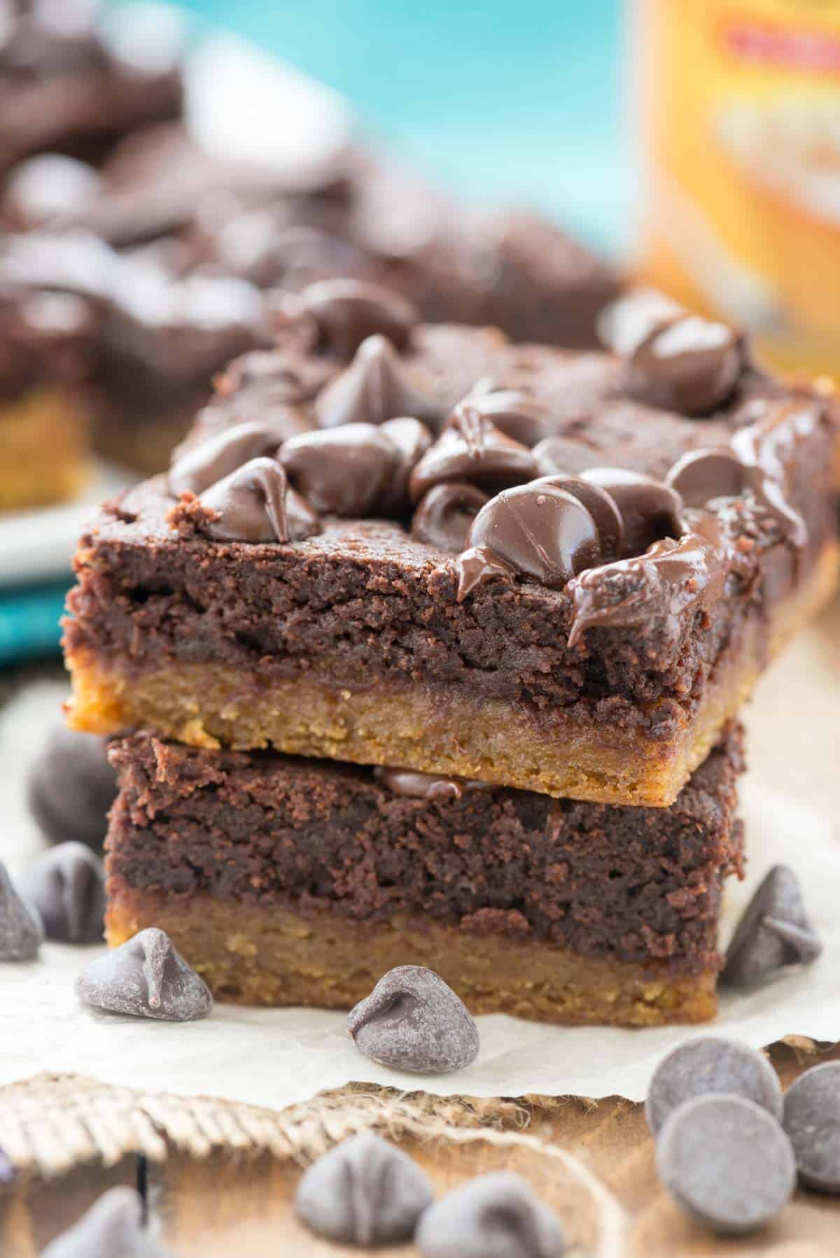 stacked brownies with chocolate chips baked in on top.