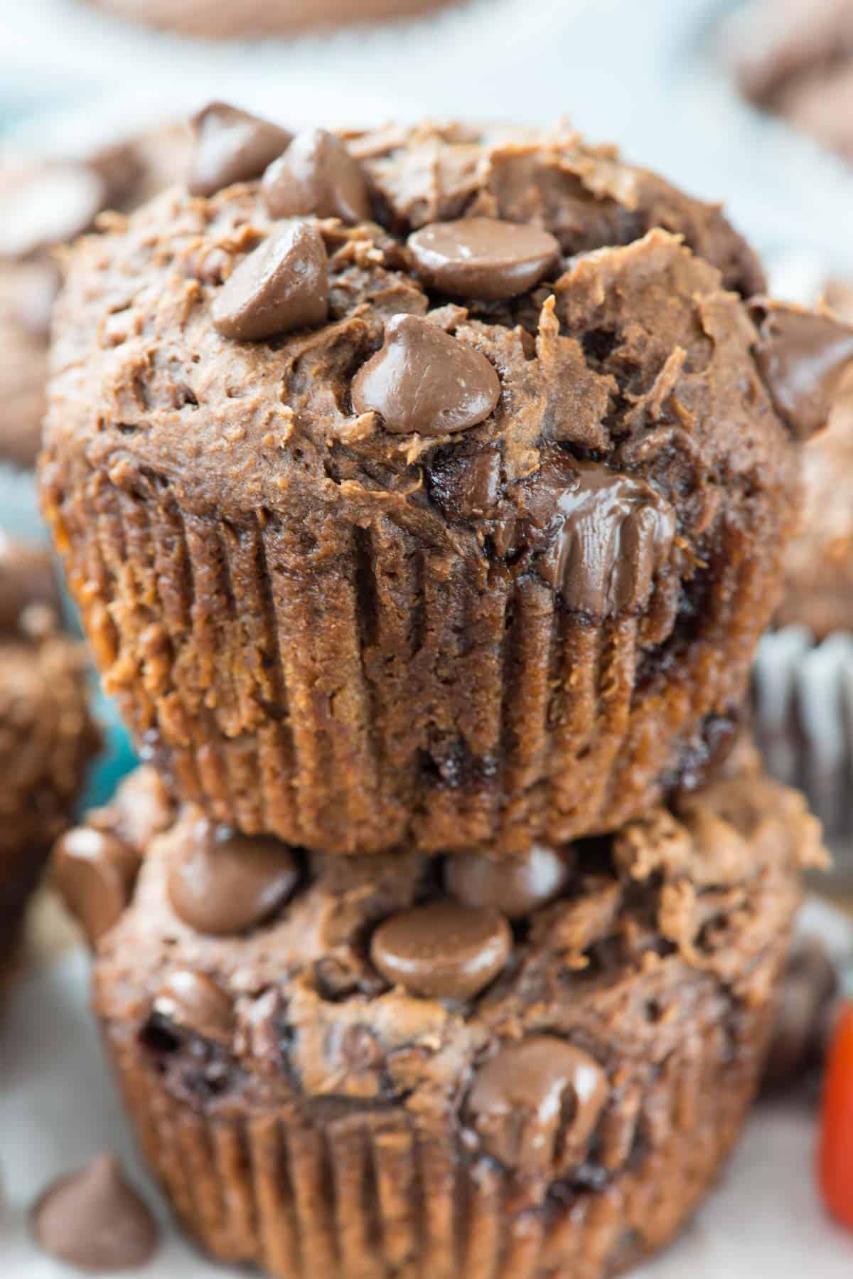 stacked chocolate muffins with chocolate chips baked in.