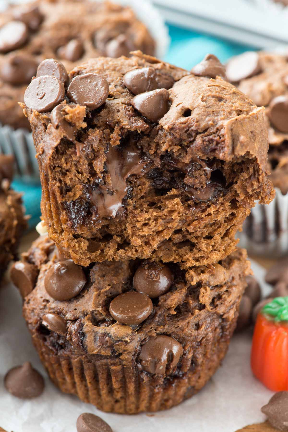 stacked chocolate muffins with chocolate chips baked in.