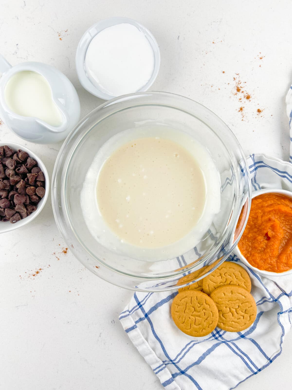 process shot of pumpkin s'mores dip.