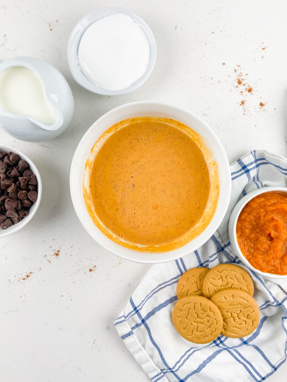 process shot of pumpkin s'mores dip.