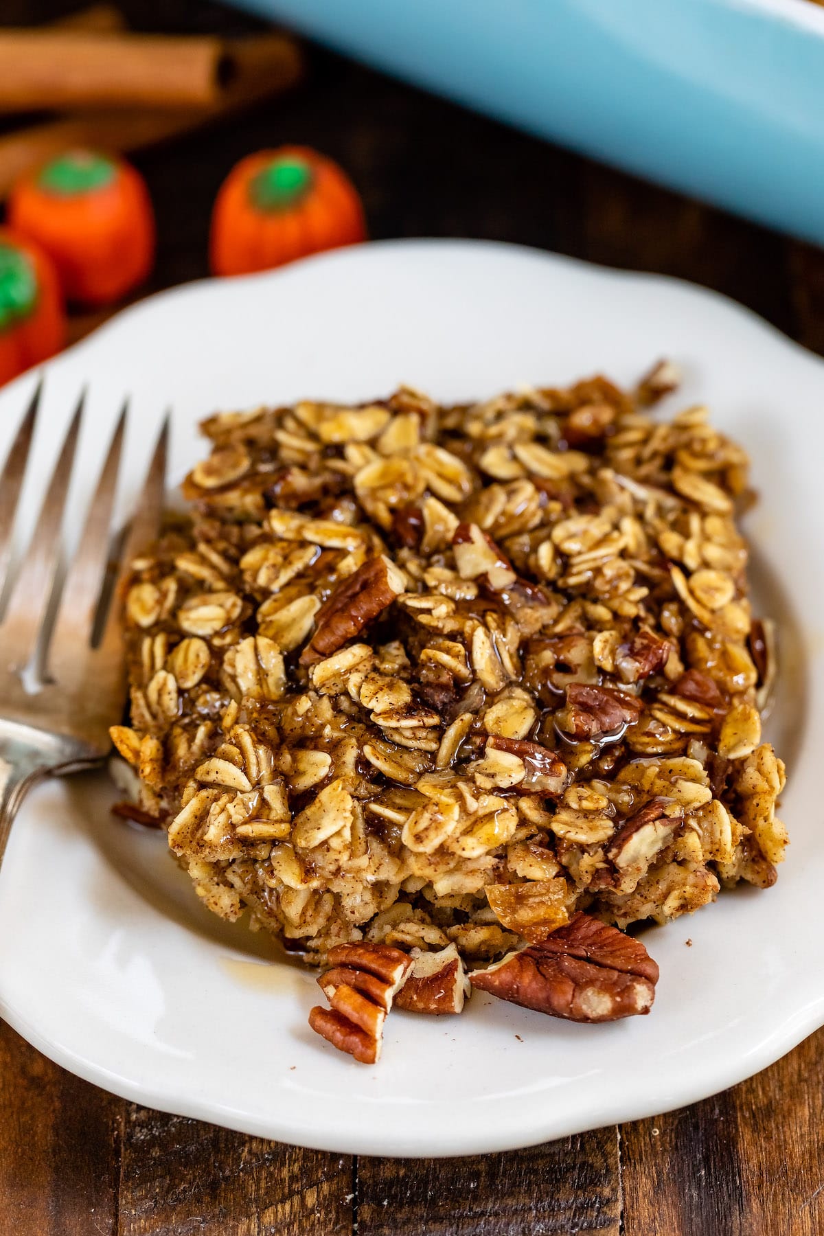 baked oatmeal on a white plate.