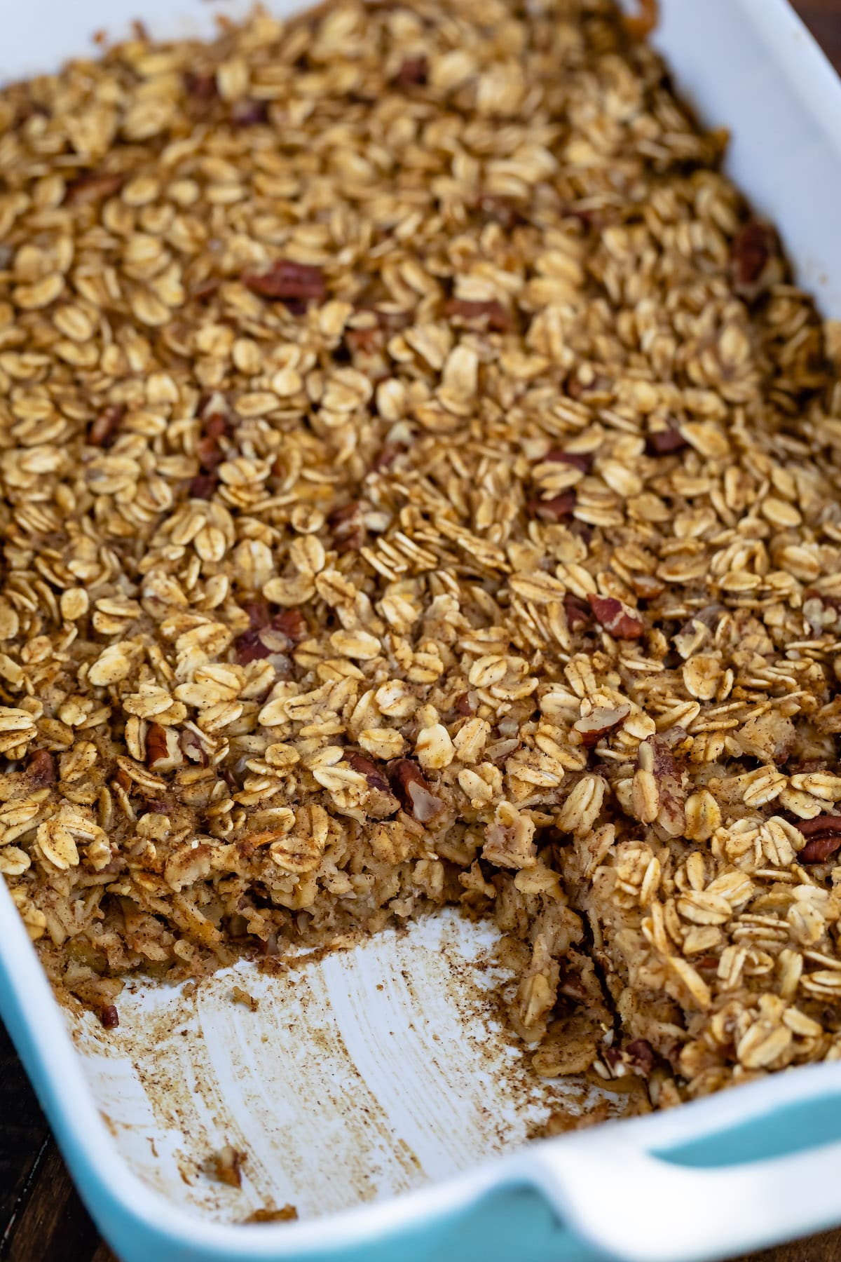 baked oatmeal in a teal pan.