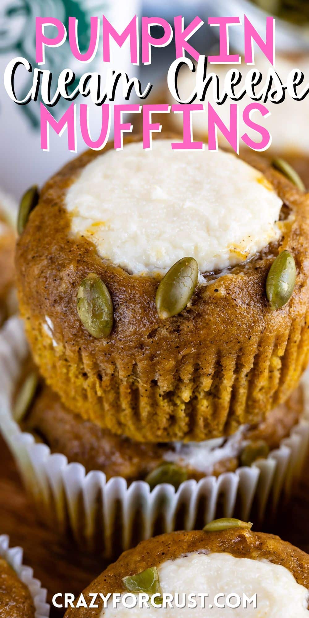 muffins with seeds and cream cheese in the center and words on the image.