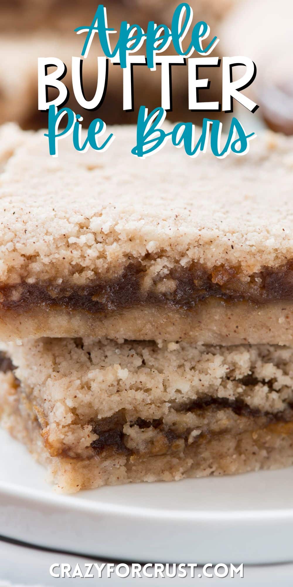 brown layered bars stacked on a white plate with words on the image.