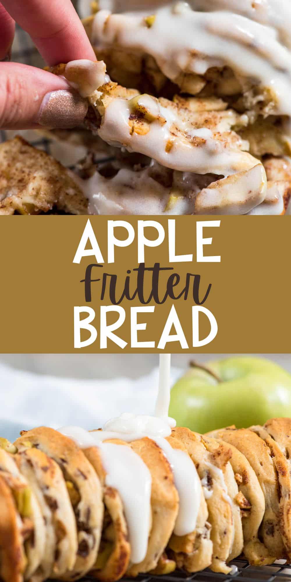 two photos of sliced apple fritter bread with white icing on top with words on the image.
