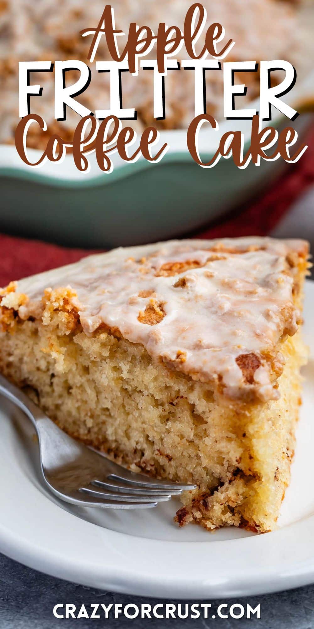 apple fritter coffee cake in a white pan with glaze on top with words on the image.