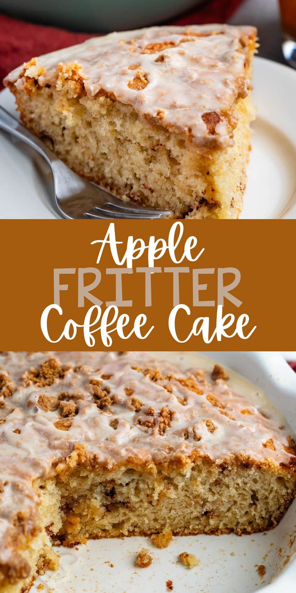 two photos of apple fritter coffee cake in a white pan with glaze on top with words on the image.