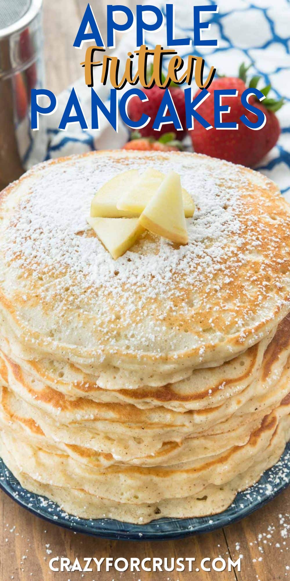 stacked pancakes with apple slices on top with words on the image.