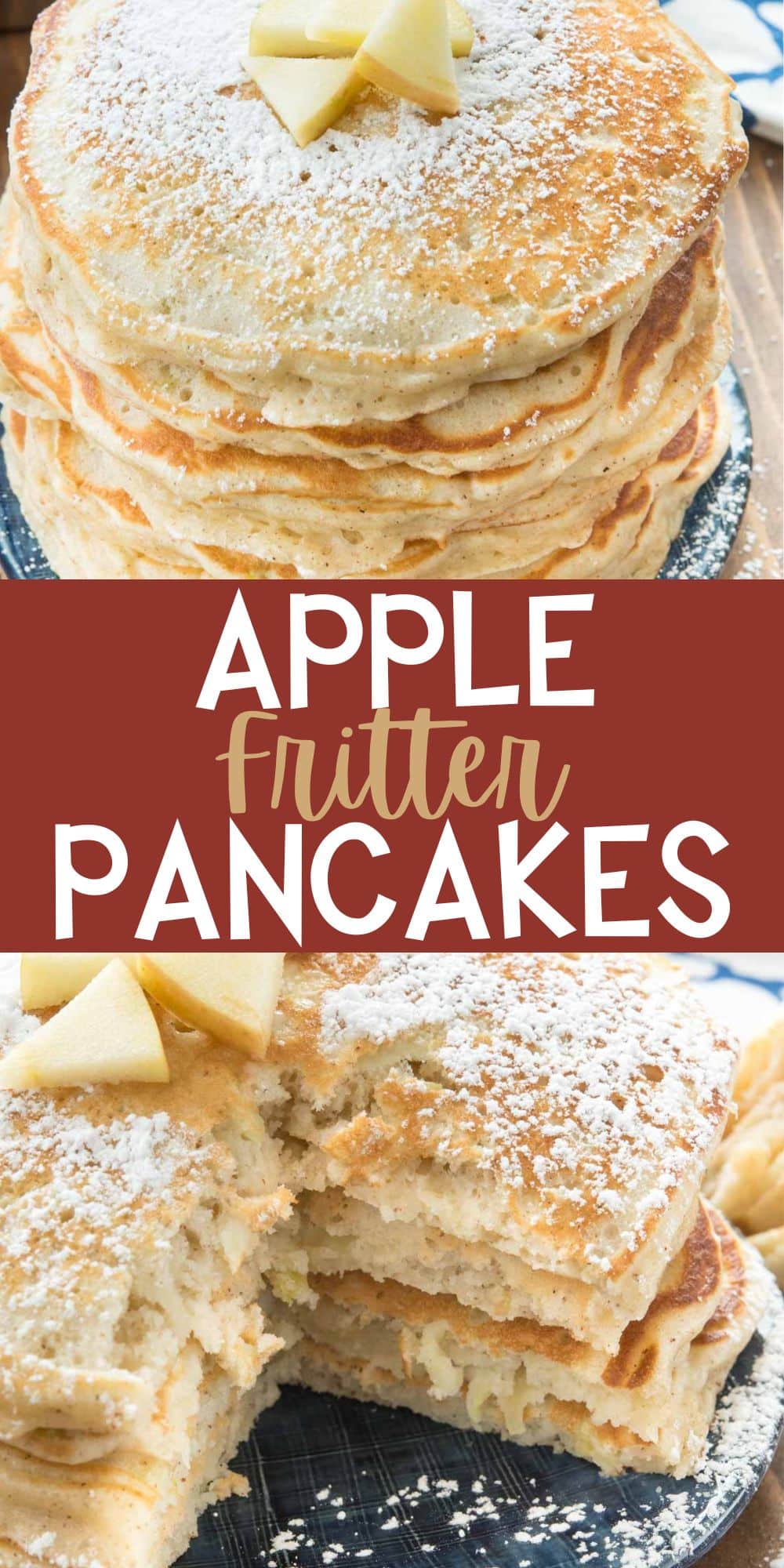 two photos of stacked pancakes with apple slices on top with words on the image.