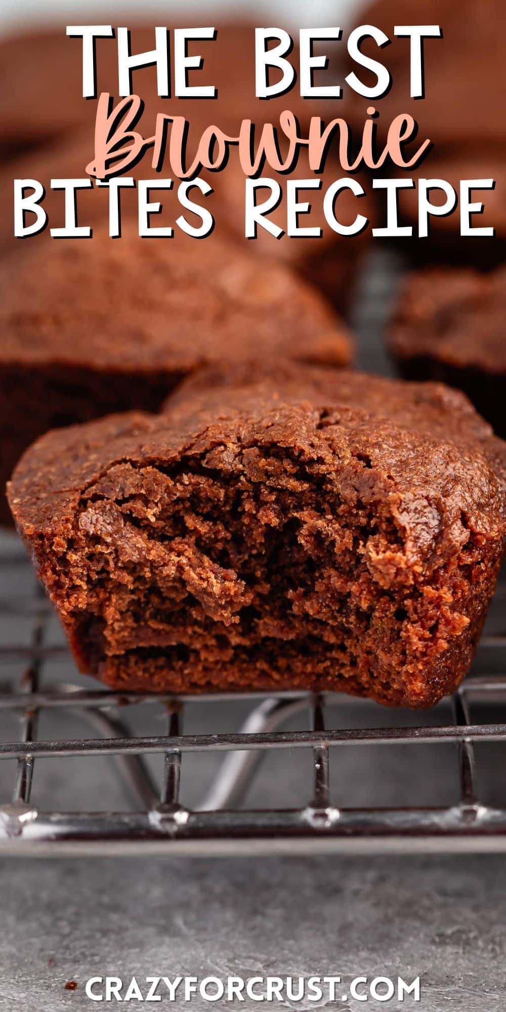 brownie bites layered on a drying wrack with words on the image.