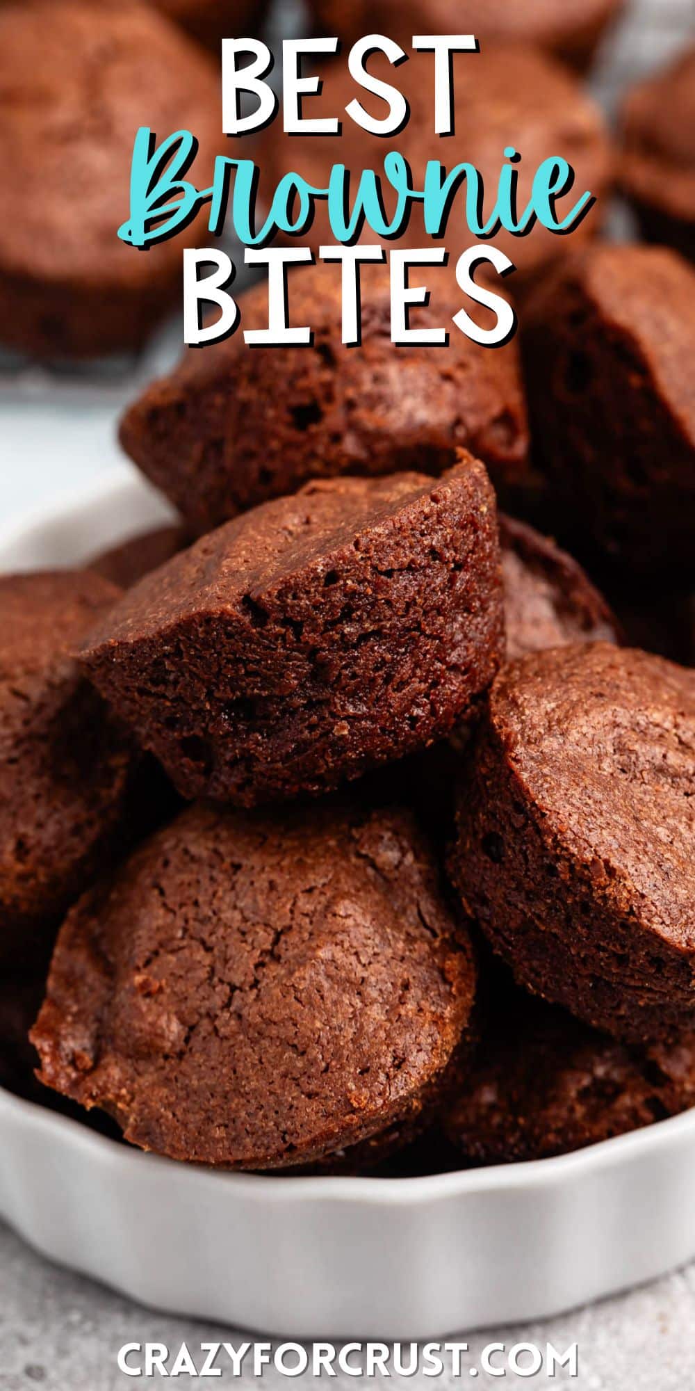 brownie bites layered on a drying wrack with words on the image.