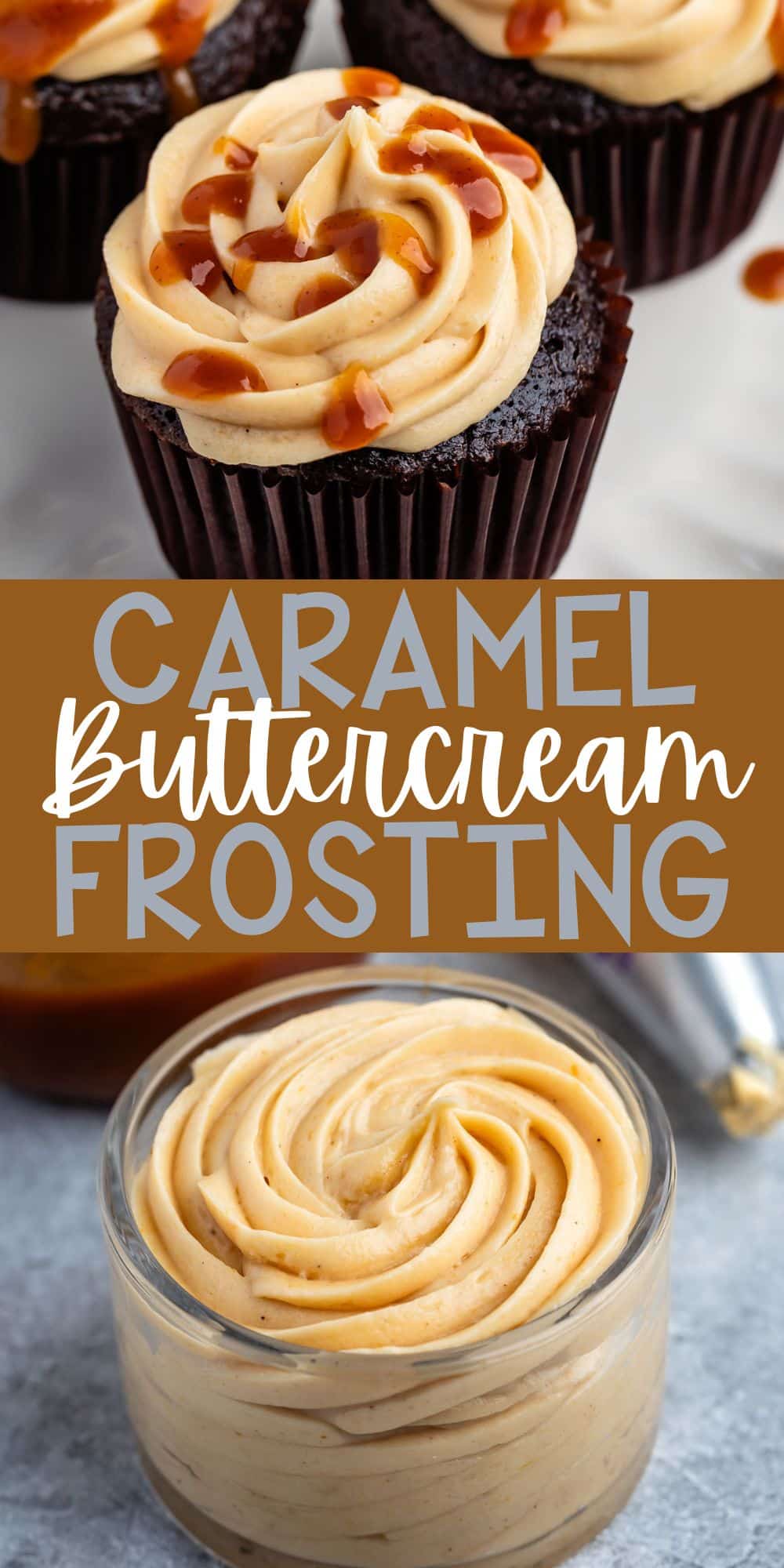 two photos of brown cupcake with caramel frosting on top with words on the image.