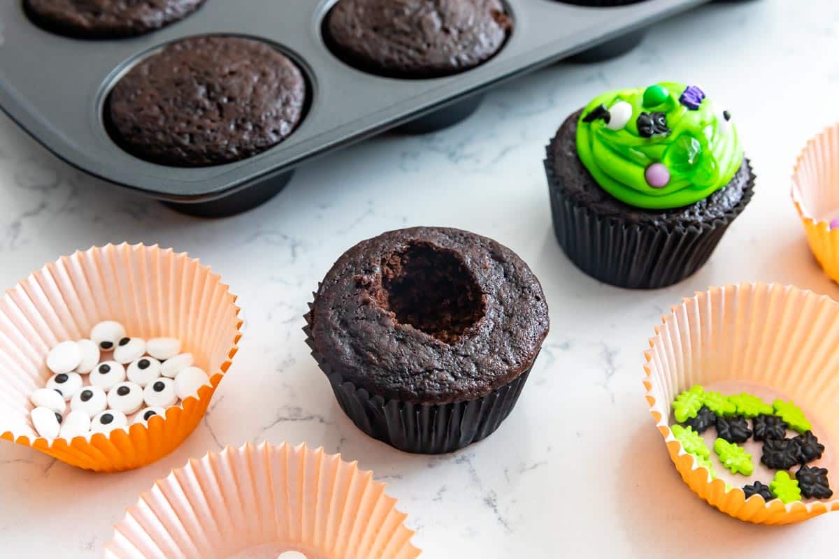 process shot of the cauldron cupcakes.