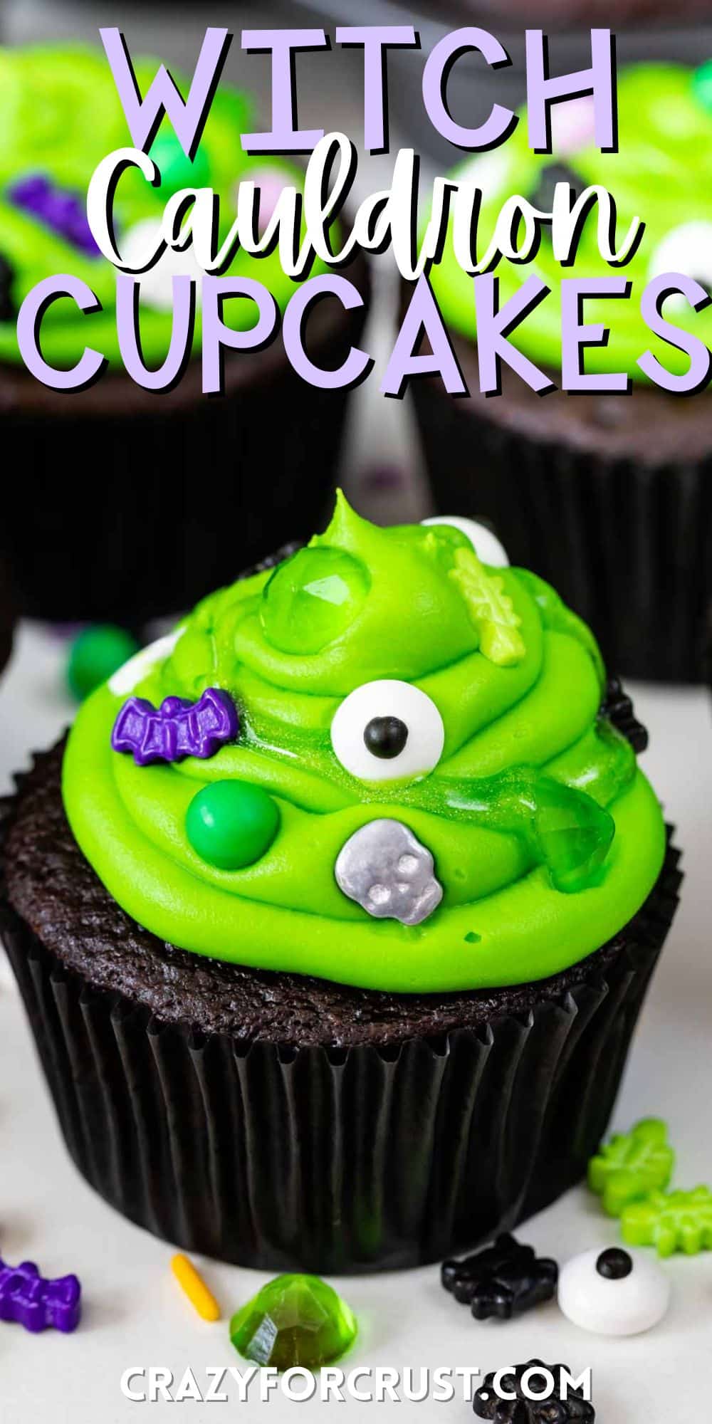 brown cupcake with bright green frosting and purple sprinkles with words on the image.