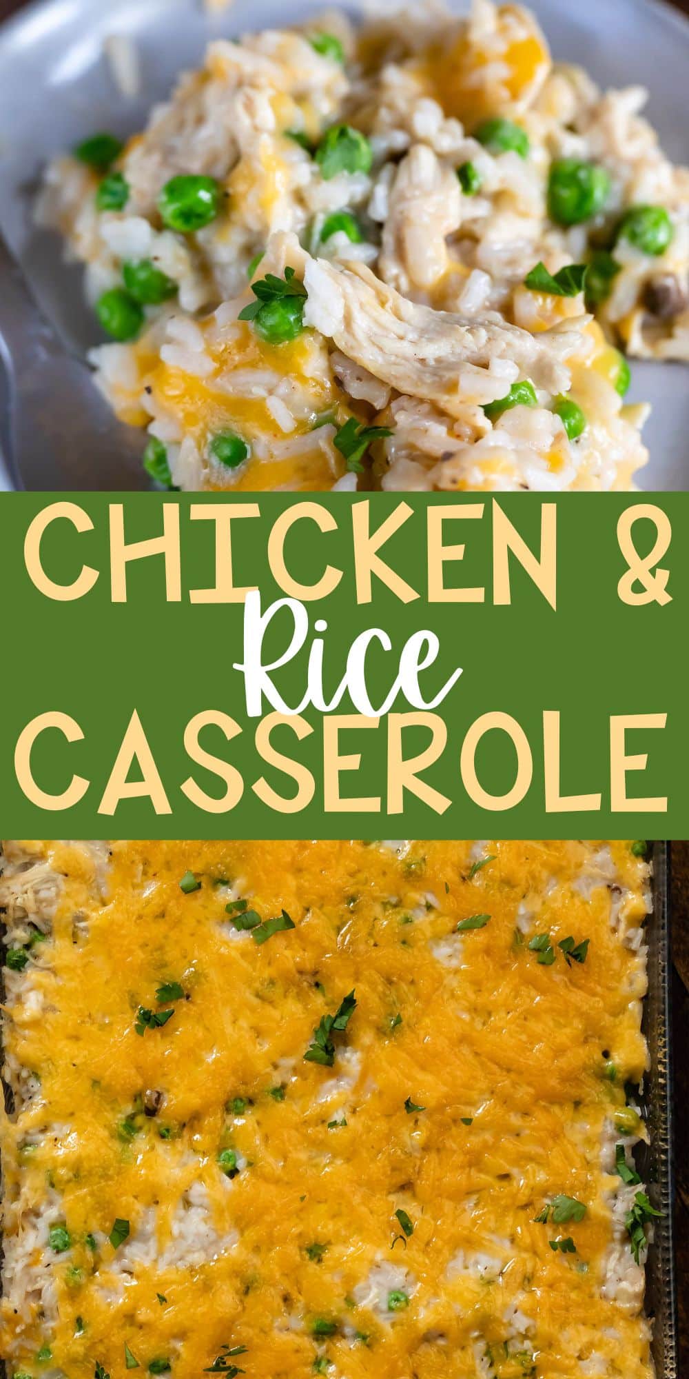 two photos of chicken and rice casserole on a grey plate next to a fork with words on the image.