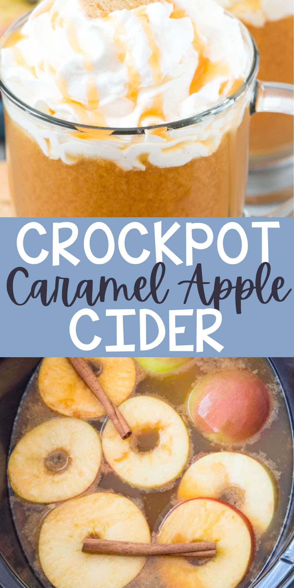 two photos of cider in a clear glass with whipped cream on top with words on the image.
