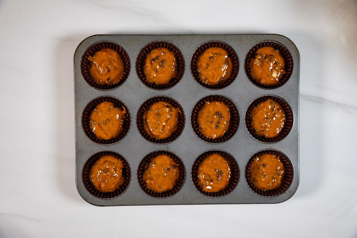 process shot of pumpkin chocolate chip muffins.