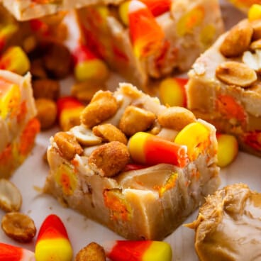 stacked fudge with candy corn baked in.