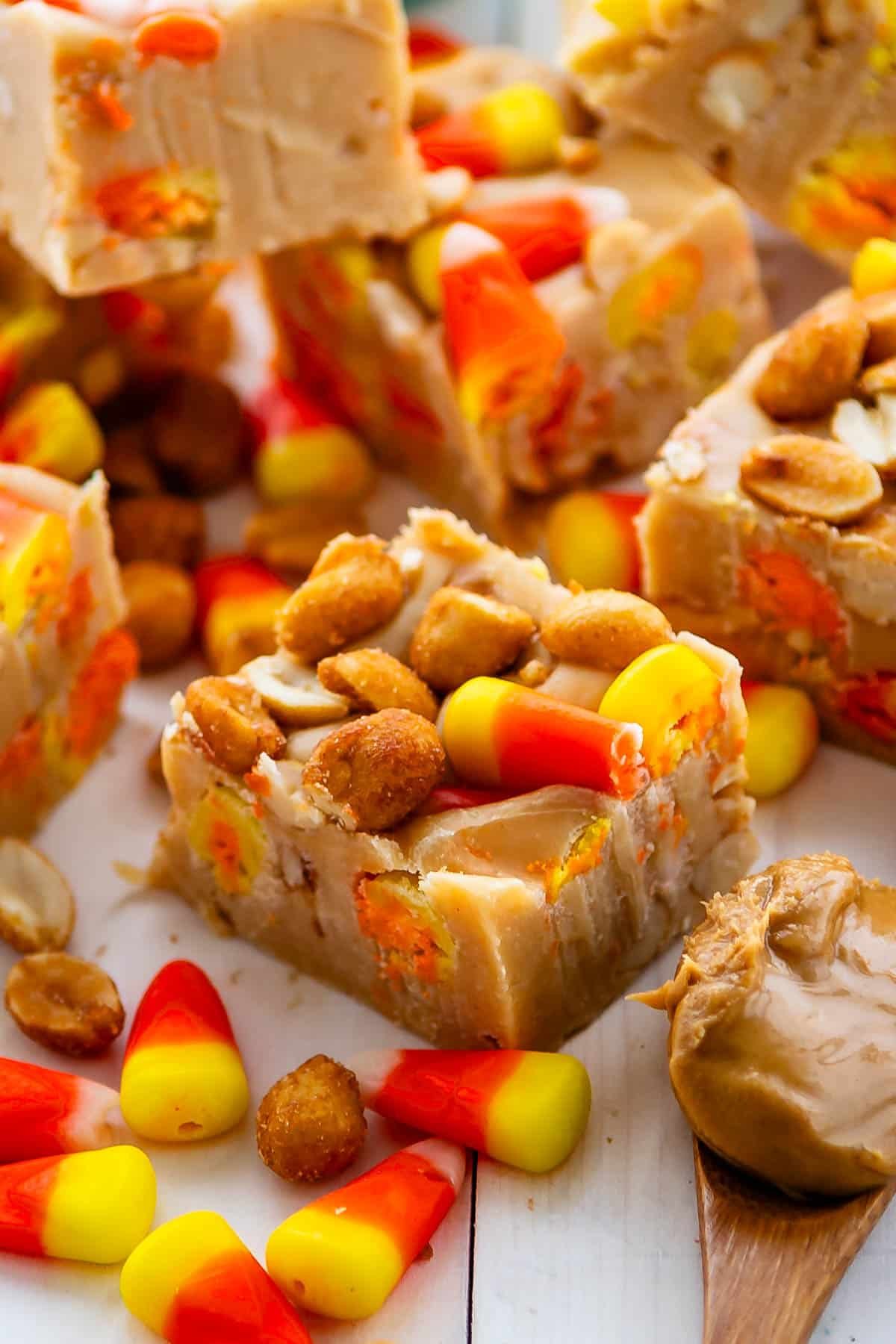 stacked fudge with candy corn baked in.