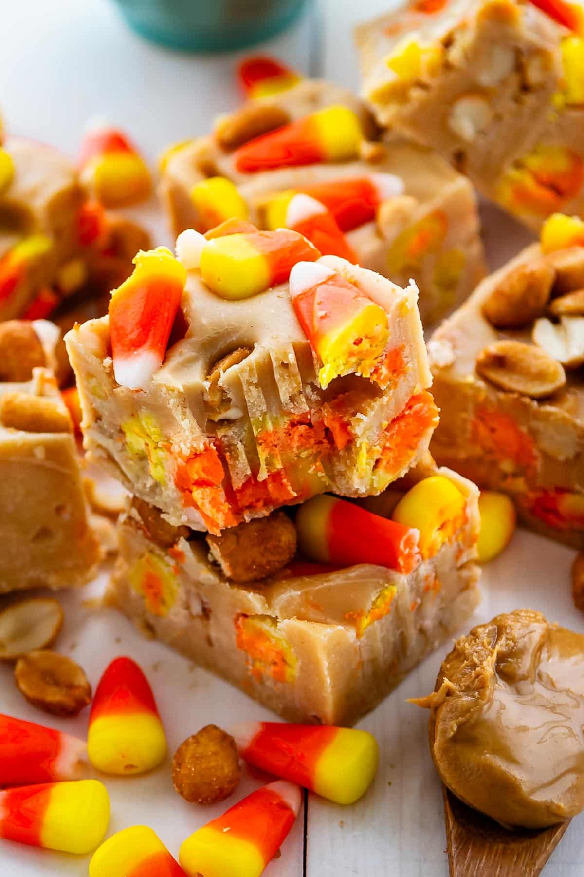 stacked fudge with candy corn baked in.